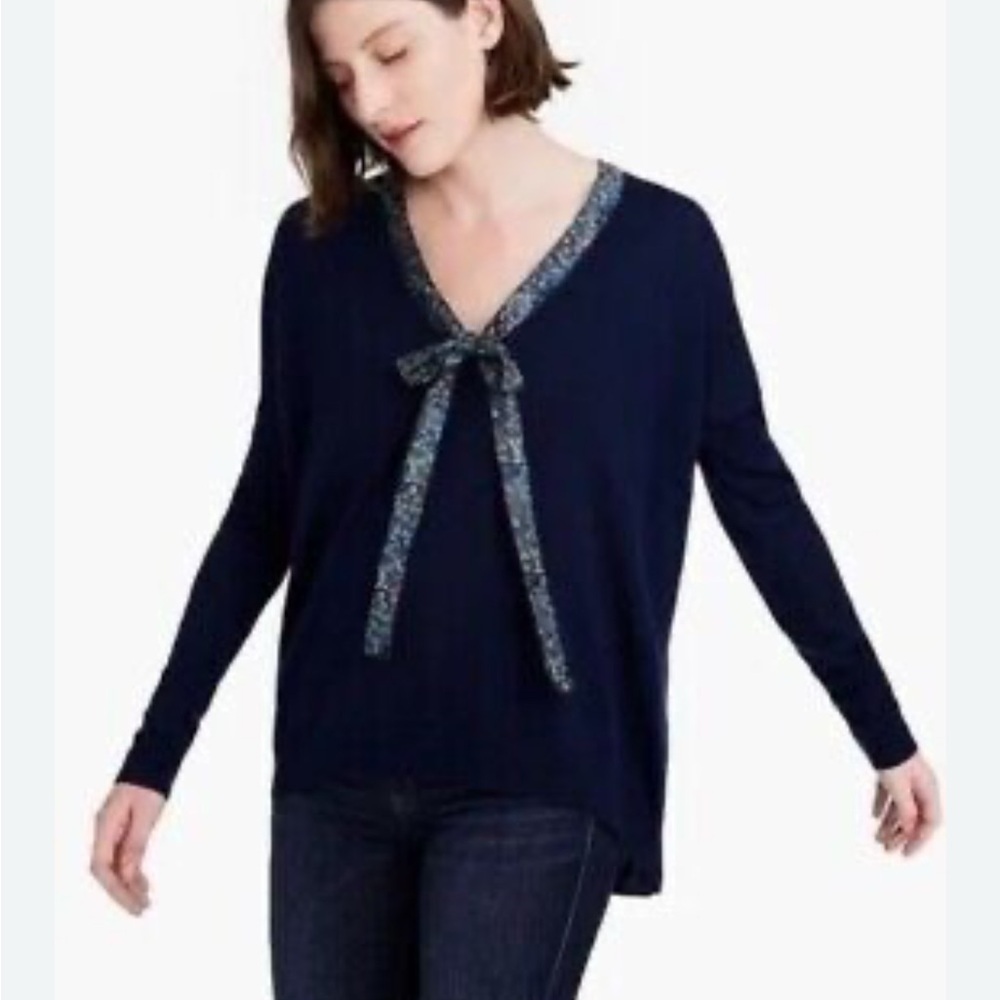 Abigail Borg x J.Crew Navy Wool Sweater Tie Neck Bow Long Sleeve Size S